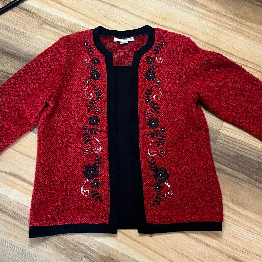 Vintage Cathy Daniels Womens Red Embellished Cardigan look Sweater